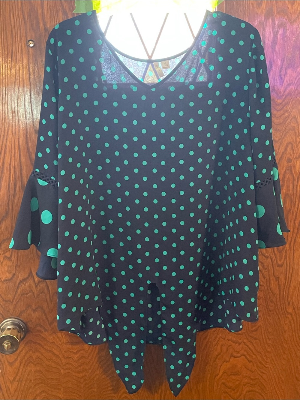 Women’s Black Tunic with Green Polka Dots and Flared Sleeves
